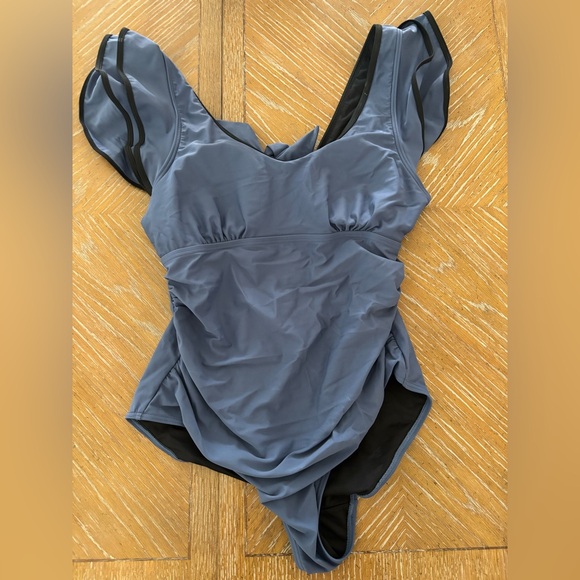 Pinkblush Maternity Blue Color Blocked Ruffle Shoulder Cutout Back One Piece - Picture 1 of 3